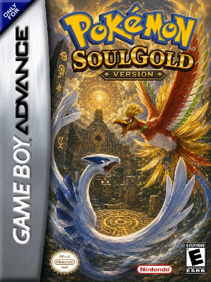 Pokemon SoulGold box art with Ho-Oh, Lugia and golden ruins