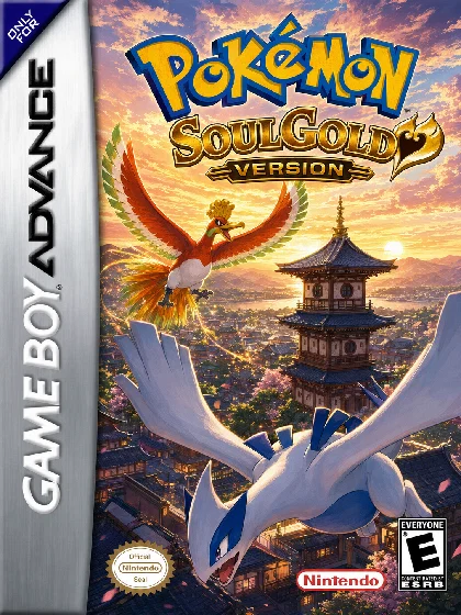 Pokemon SoulGold box art with Ho-Oh, Lugia and a Johto tower at sunset