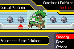 Battle Factory rental Pokemon selection interface with Torterra in Pokemon SoulGold