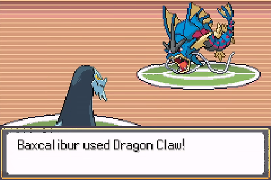 Baxcalibur using Dragon Claw against Gyarados in Pokemon SoulGold