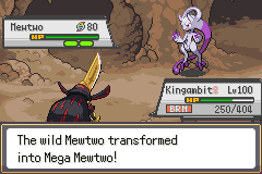 Mega Mewtwo transforming during a high-level Pokemon SoulGold battle