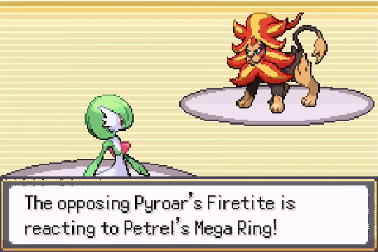 Battle message showing Pyroar reacting to a Mega Ring in Pokemon SoulGold