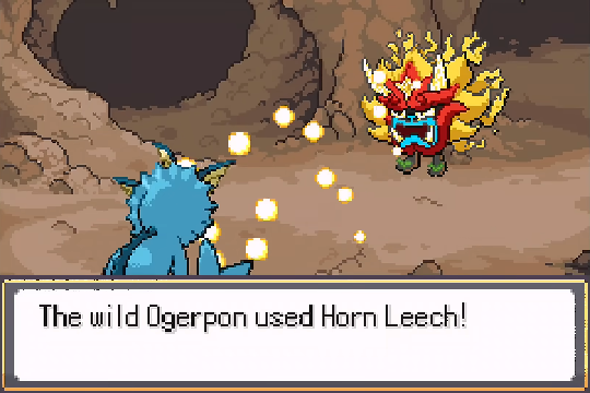 Ogerpon using Horn Leech during a Pokemon SoulGold boss battle