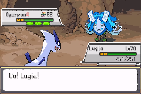 Lugia facing Ogerpon during a boss-style Pokemon SoulGold encounter