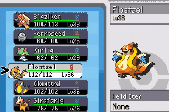 Pokemon SoulGold party screen showing Floatzel and the current team