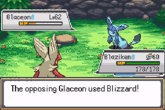 Blaziken battling Glaceon against a snowy background in Pokemon SoulGold