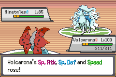 Volcarona battle showing multiple stat increases in Pokemon SoulGold