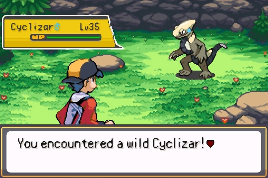 A wild Cyclizar appearing in a grassy Pokemon SoulGold battle